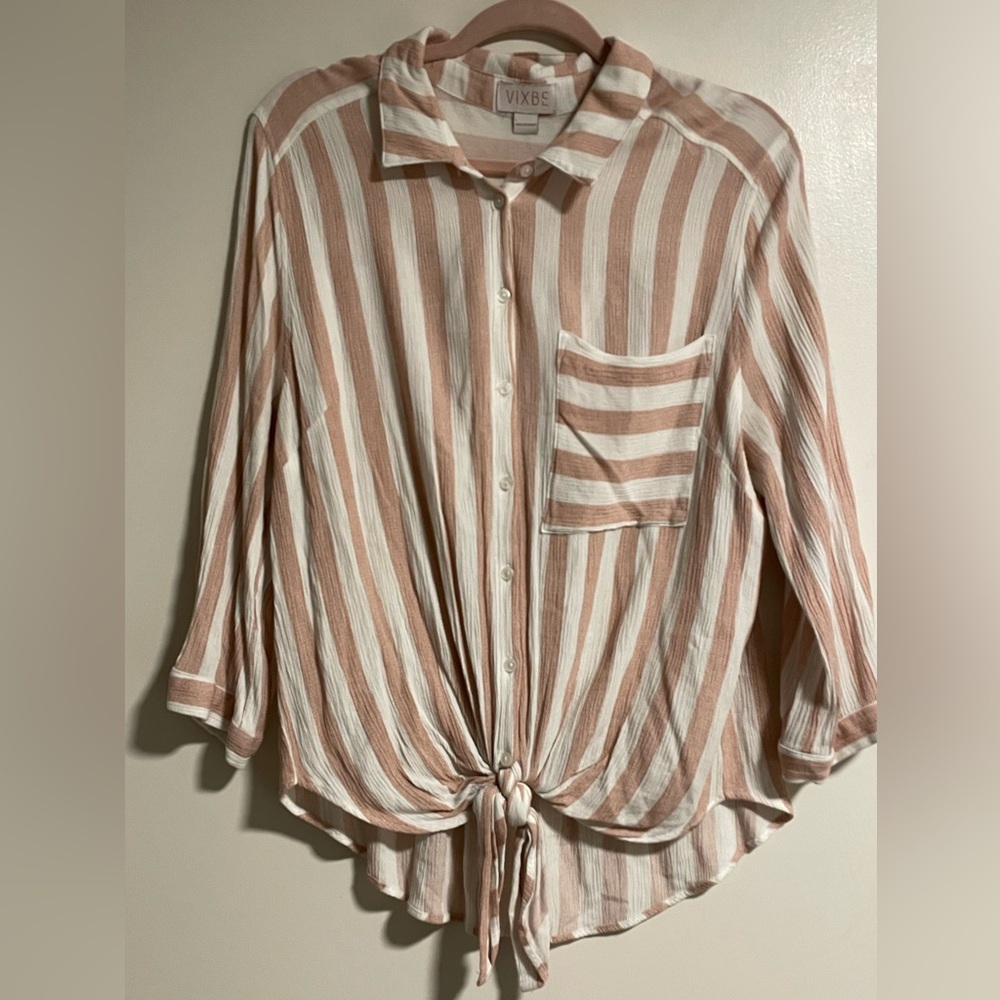 Vixbe Womens Top L Roll Tab Tie Front Button Up Striped Rayon Coastal Lagenlook